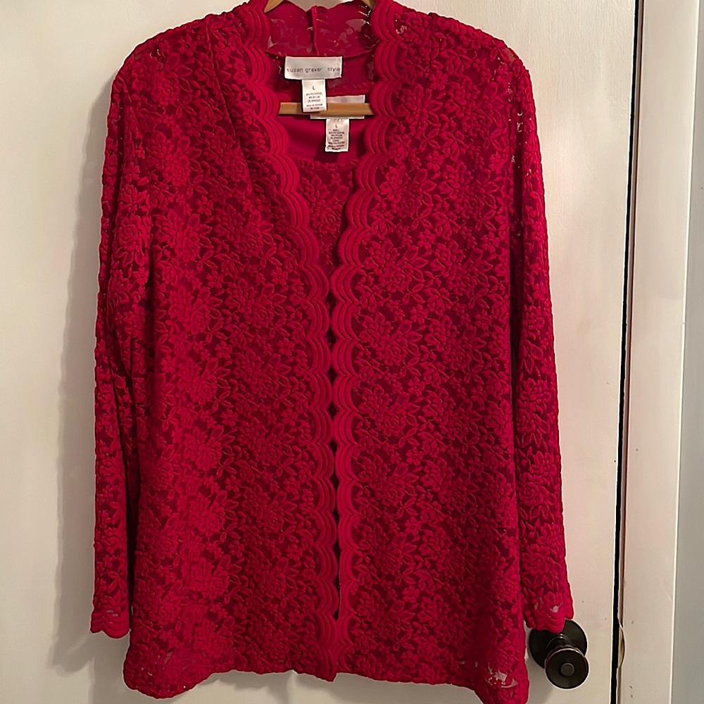 Susan Graver Stretch Lace Cardigan and Lace Set, L